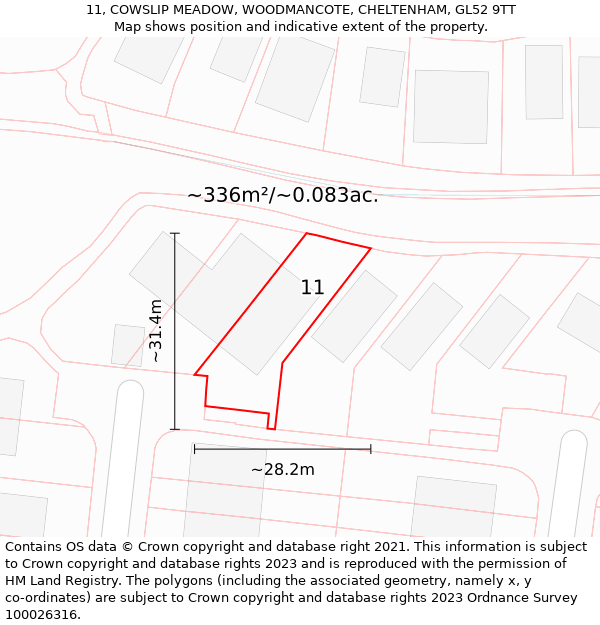 11, COWSLIP MEADOW, WOODMANCOTE, CHELTENHAM, GL52 9TT: Plot and title map