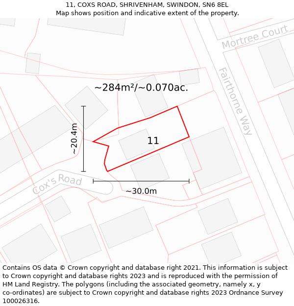 11, COXS ROAD, SHRIVENHAM, SWINDON, SN6 8EL: Plot and title map