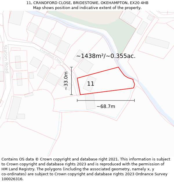 11, CRANDFORD CLOSE, BRIDESTOWE, OKEHAMPTON, EX20 4HB: Plot and title map