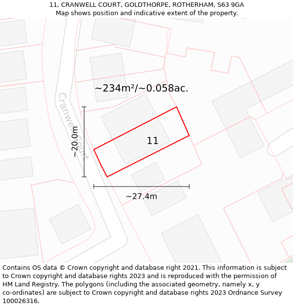 11, CRANWELL COURT, GOLDTHORPE, ROTHERHAM, S63 9GA: Plot and title map