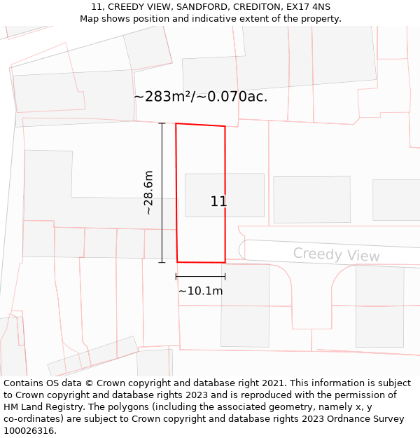 11, CREEDY VIEW, SANDFORD, CREDITON, EX17 4NS: Plot and title map