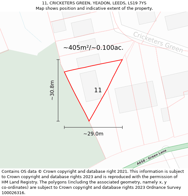 11, CRICKETERS GREEN, YEADON, LEEDS, LS19 7YS: Plot and title map