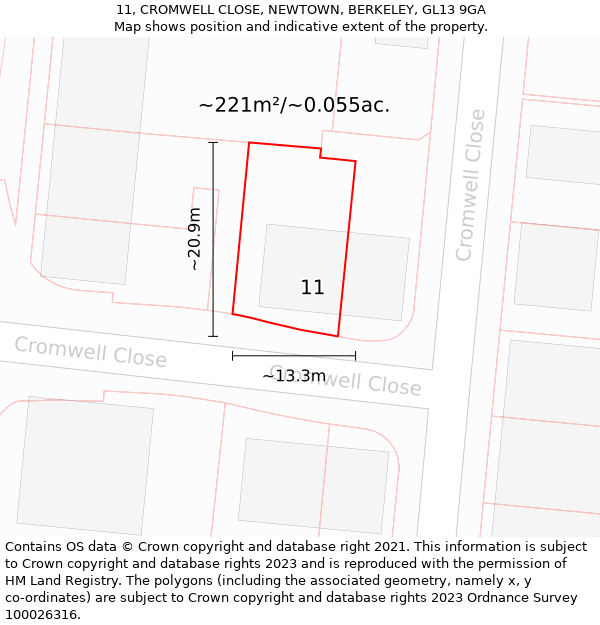 11, CROMWELL CLOSE, NEWTOWN, BERKELEY, GL13 9GA: Plot and title map