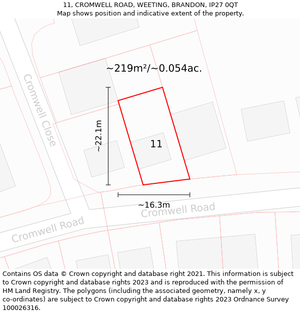 11, CROMWELL ROAD, WEETING, BRANDON, IP27 0QT: Plot and title map