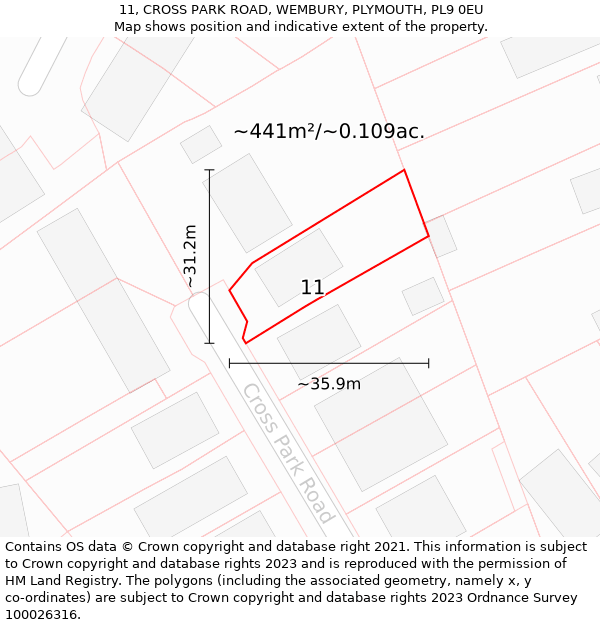 11, CROSS PARK ROAD, WEMBURY, PLYMOUTH, PL9 0EU: Plot and title map