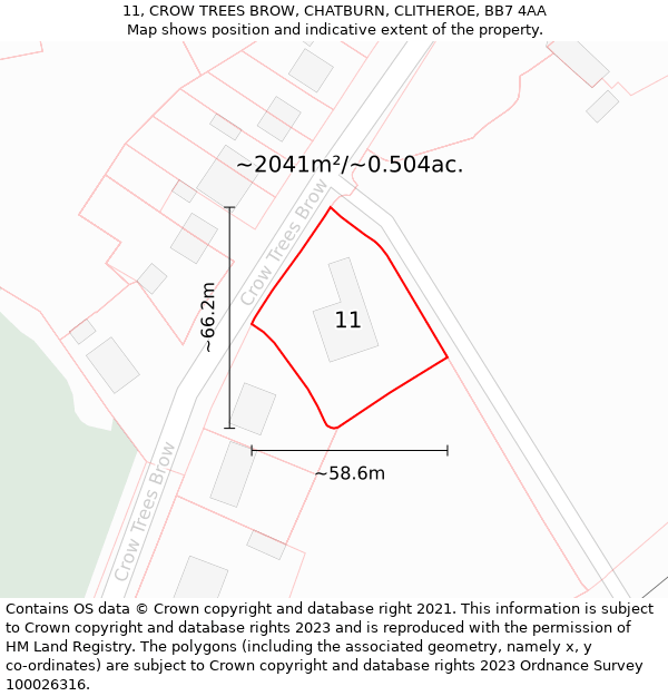 11, CROW TREES BROW, CHATBURN, CLITHEROE, BB7 4AA: Plot and title map