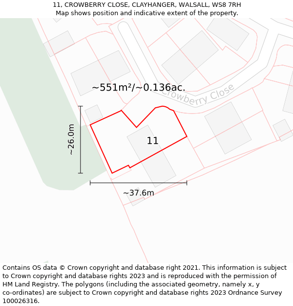 11, CROWBERRY CLOSE, CLAYHANGER, WALSALL, WS8 7RH: Plot and title map