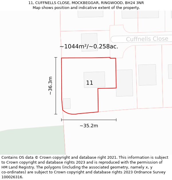 11, CUFFNELLS CLOSE, MOCKBEGGAR, RINGWOOD, BH24 3NR: Plot and title map