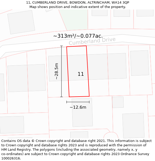 11, CUMBERLAND DRIVE, BOWDON, ALTRINCHAM, WA14 3QP: Plot and title map