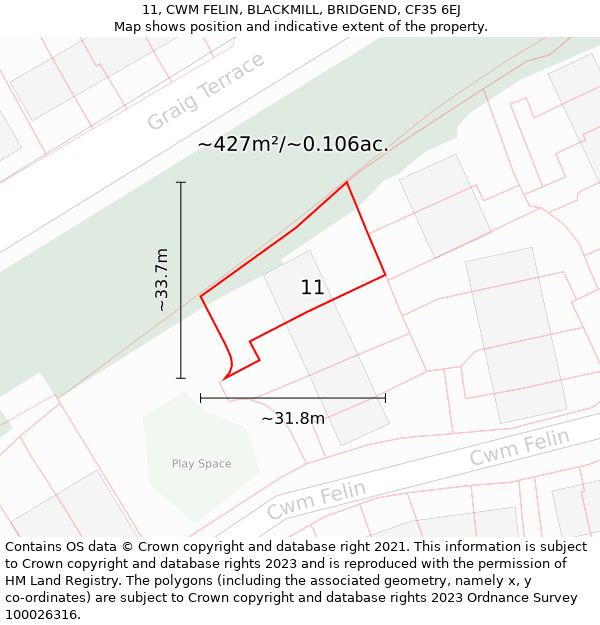 11, CWM FELIN, BLACKMILL, BRIDGEND, CF35 6EJ: Plot and title map