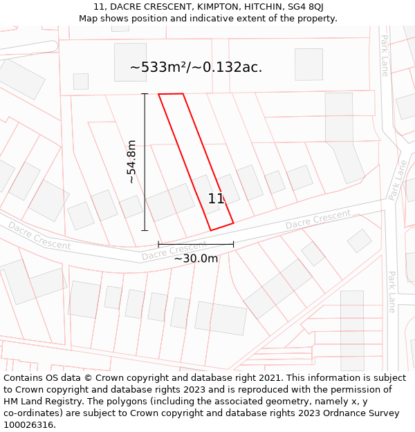 11, DACRE CRESCENT, KIMPTON, HITCHIN, SG4 8QJ: Plot and title map