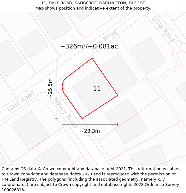 11, DALE ROAD, SADBERGE, DARLINGTON, DL2 1ST: Plot and title map