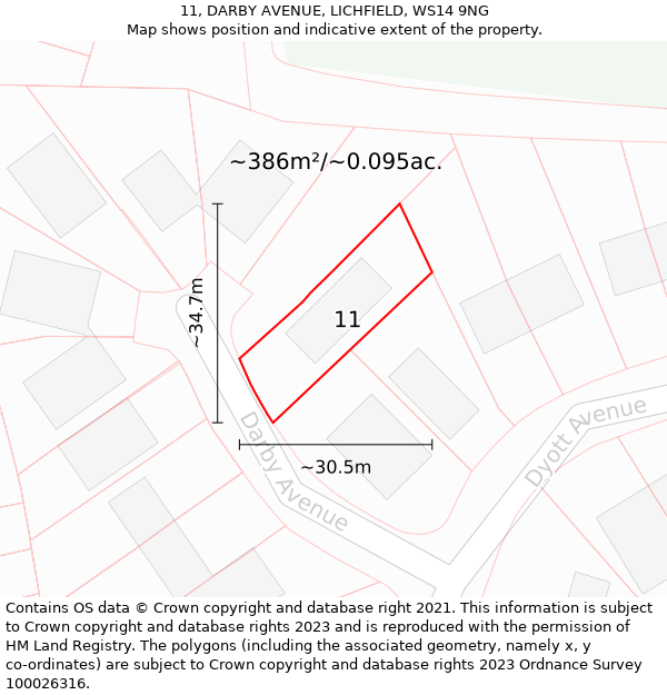 11, DARBY AVENUE, LICHFIELD, WS14 9NG: Plot and title map