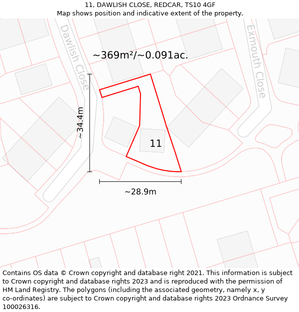 11, DAWLISH CLOSE, REDCAR, TS10 4GF: Plot and title map