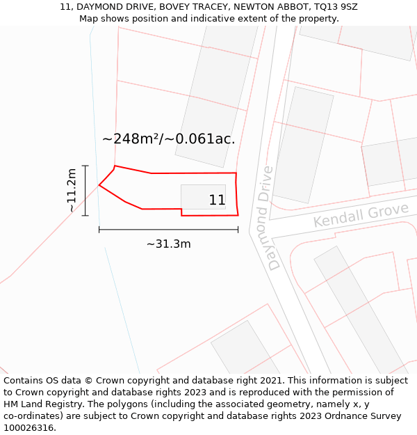 11, DAYMOND DRIVE, BOVEY TRACEY, NEWTON ABBOT, TQ13 9SZ: Plot and title map