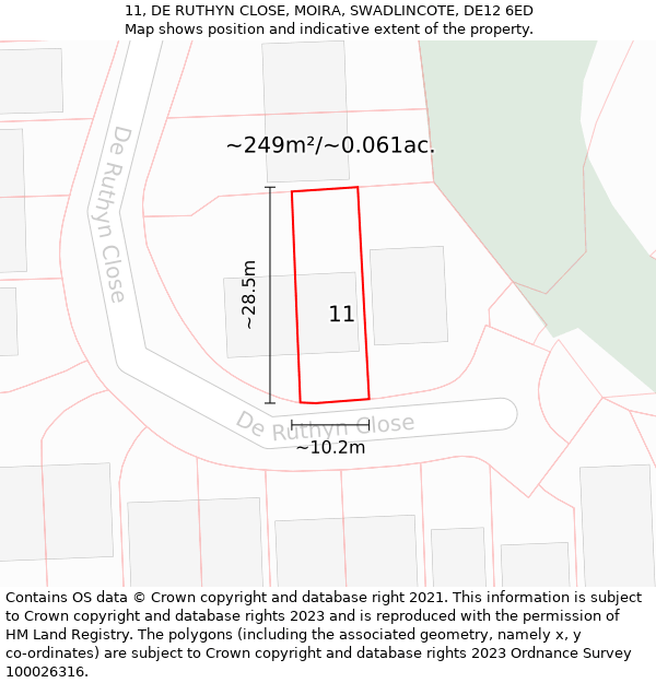 11, DE RUTHYN CLOSE, MOIRA, SWADLINCOTE, DE12 6ED: Plot and title map