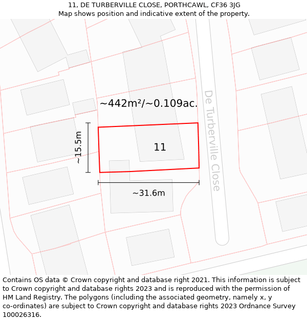 11, DE TURBERVILLE CLOSE, PORTHCAWL, CF36 3JG: Plot and title map