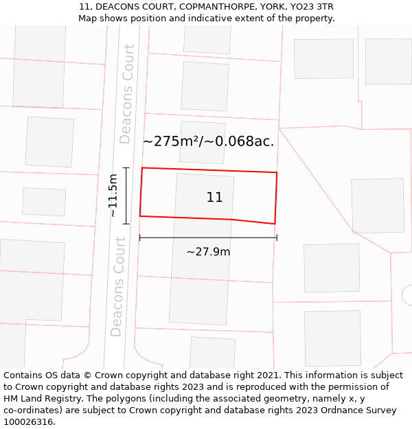11, DEACONS COURT, COPMANTHORPE, YORK, YO23 3TR: Plot and title map
