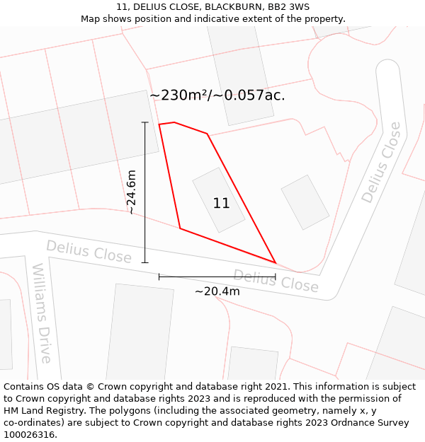 11, DELIUS CLOSE, BLACKBURN, BB2 3WS: Plot and title map