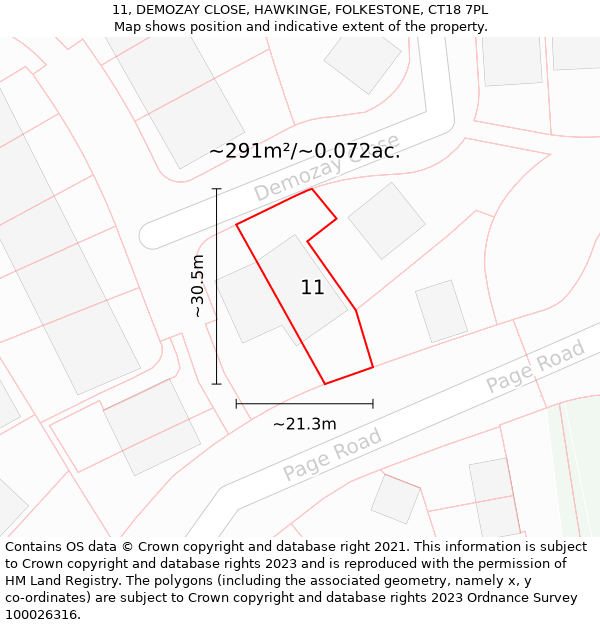 11, DEMOZAY CLOSE, HAWKINGE, FOLKESTONE, CT18 7PL: Plot and title map