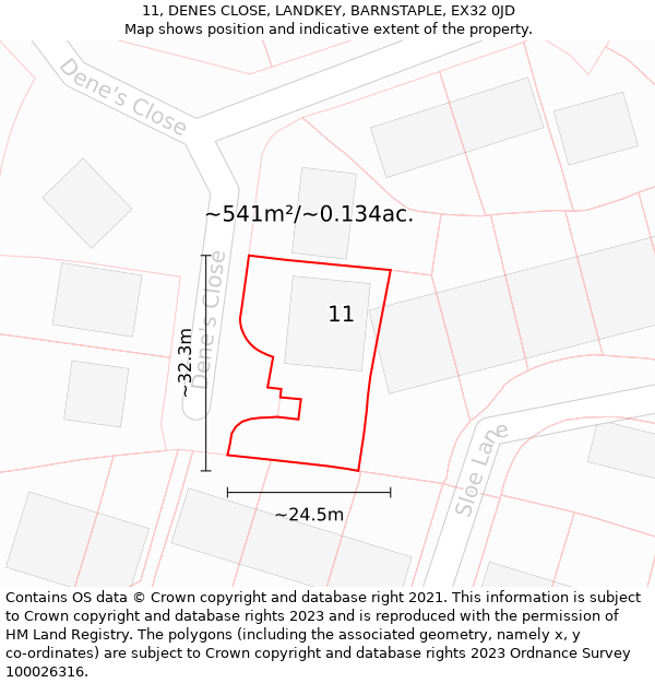 11, DENES CLOSE, LANDKEY, BARNSTAPLE, EX32 0JD: Plot and title map