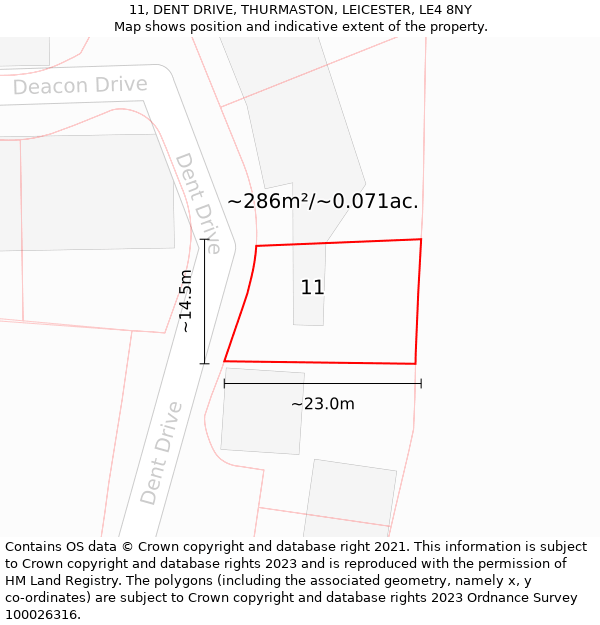 11, DENT DRIVE, THURMASTON, LEICESTER, LE4 8NY: Plot and title map