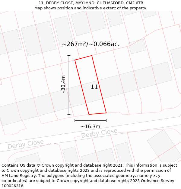 11, DERBY CLOSE, MAYLAND, CHELMSFORD, CM3 6TB: Plot and title map