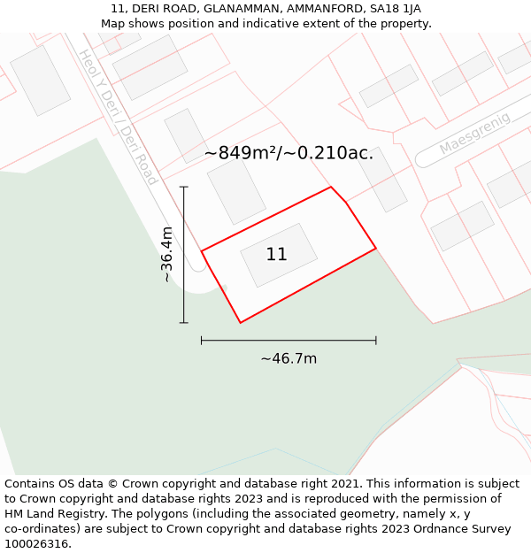 11, DERI ROAD, GLANAMMAN, AMMANFORD, SA18 1JA: Plot and title map