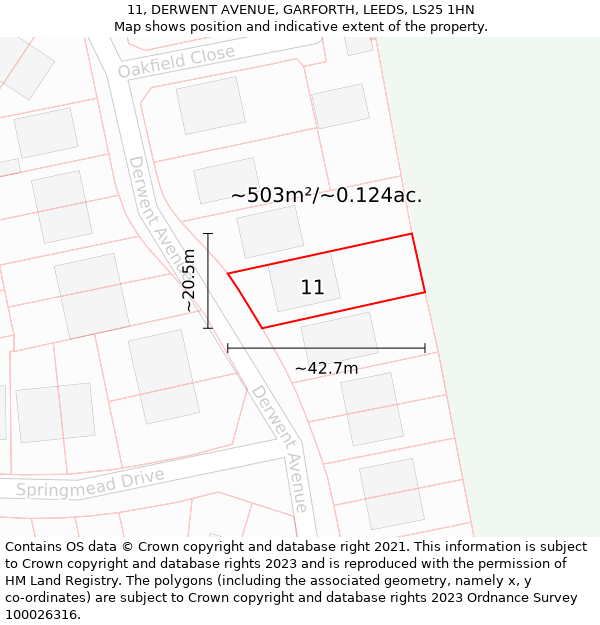 11, DERWENT AVENUE, GARFORTH, LEEDS, LS25 1HN: Plot and title map