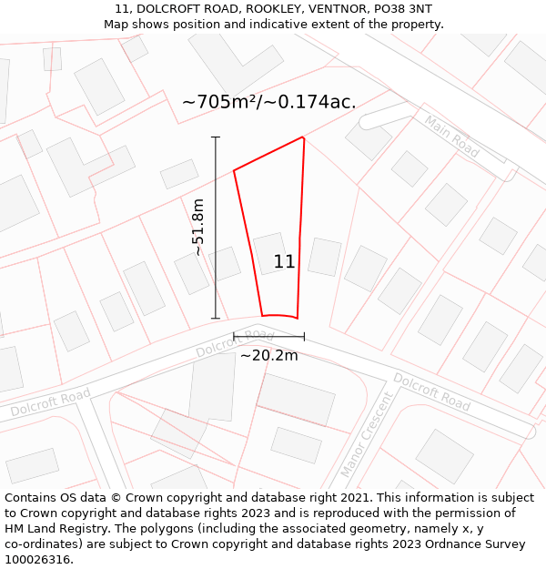 11, DOLCROFT ROAD, ROOKLEY, VENTNOR, PO38 3NT: Plot and title map