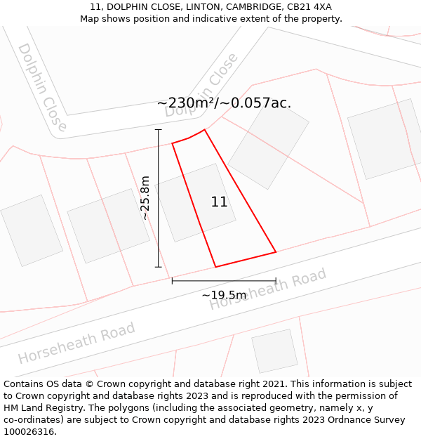 11, DOLPHIN CLOSE, LINTON, CAMBRIDGE, CB21 4XA: Plot and title map