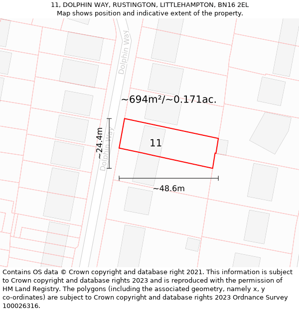 11, DOLPHIN WAY, RUSTINGTON, LITTLEHAMPTON, BN16 2EL: Plot and title map