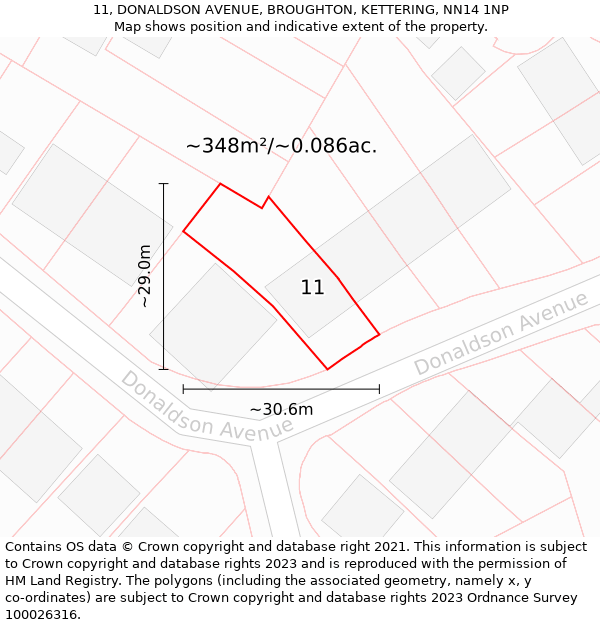 11, DONALDSON AVENUE, BROUGHTON, KETTERING, NN14 1NP: Plot and title map