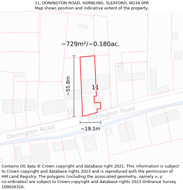 11, DONINGTON ROAD, HORBLING, SLEAFORD, NG34 0PR: Plot and title map