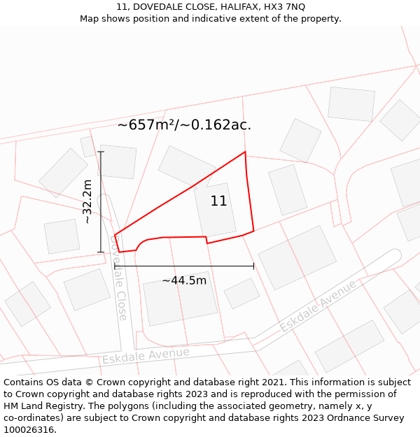 11, DOVEDALE CLOSE, HALIFAX, HX3 7NQ: Plot and title map