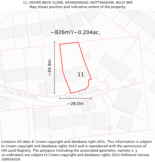 11, DOVER BECK CLOSE, RAVENSHEAD, NOTTINGHAM, NG15 9ER: Plot and title map