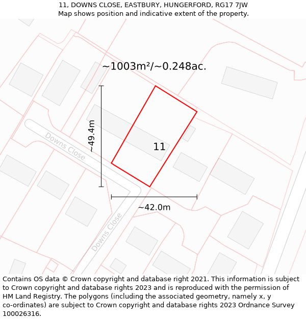 11, DOWNS CLOSE, EASTBURY, HUNGERFORD, RG17 7JW: Plot and title map