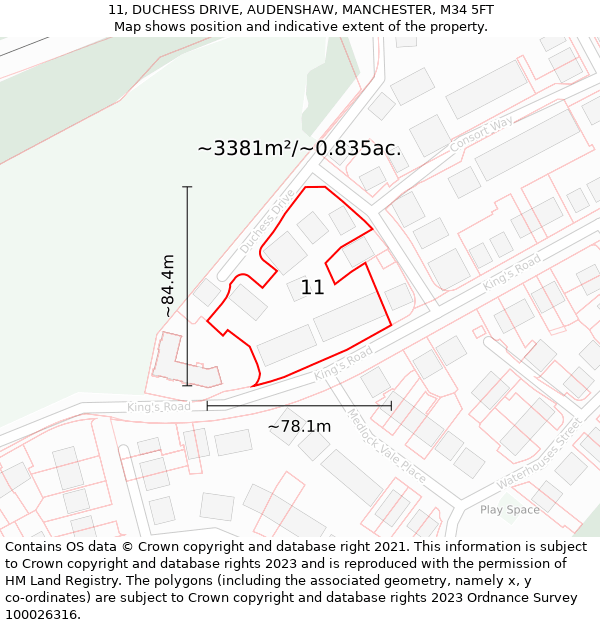 11, DUCHESS DRIVE, AUDENSHAW, MANCHESTER, M34 5FT: Plot and title map