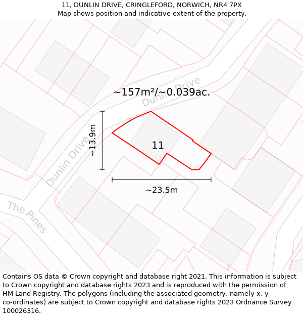 11, DUNLIN DRIVE, CRINGLEFORD, NORWICH, NR4 7PX: Plot and title map