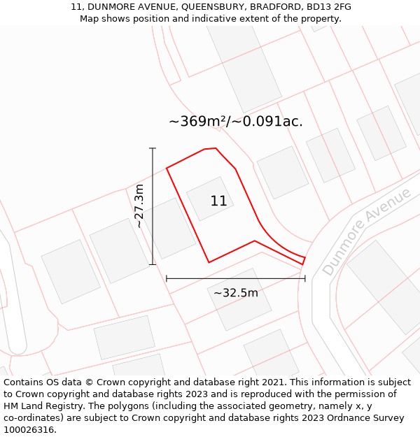 11, DUNMORE AVENUE, QUEENSBURY, BRADFORD, BD13 2FG: Plot and title map