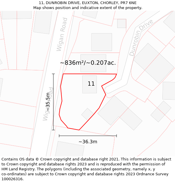 11, DUNROBIN DRIVE, EUXTON, CHORLEY, PR7 6NE: Plot and title map