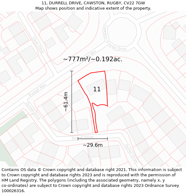 11, DURRELL DRIVE, CAWSTON, RUGBY, CV22 7GW: Plot and title map