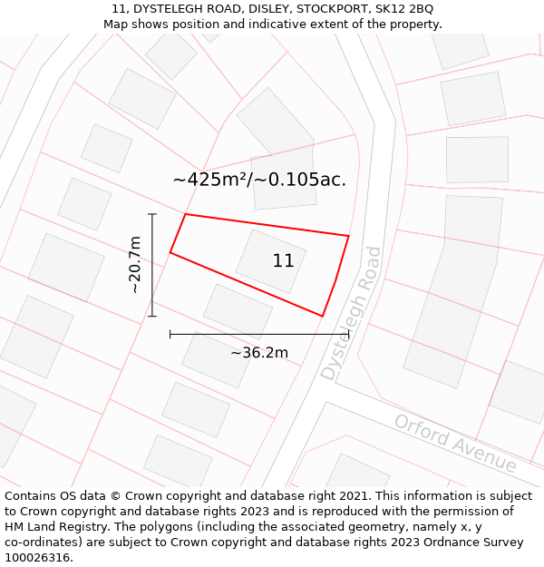 11, DYSTELEGH ROAD, DISLEY, STOCKPORT, SK12 2BQ: Plot and title map