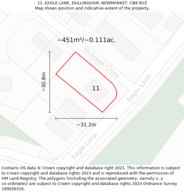 11, EAGLE LANE, DULLINGHAM, NEWMARKET, CB8 9UZ: Plot and title map