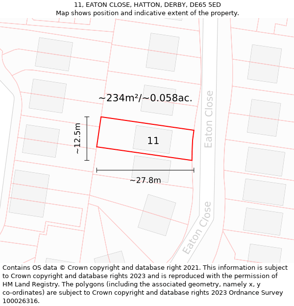 11, EATON CLOSE, HATTON, DERBY, DE65 5ED: Plot and title map