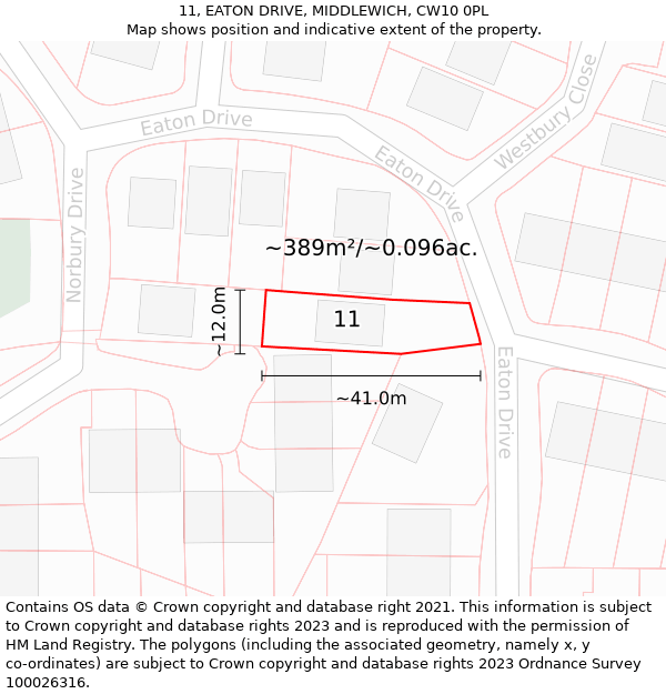 11, EATON DRIVE, MIDDLEWICH, CW10 0PL: Plot and title map