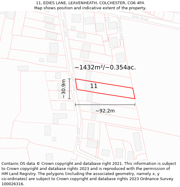 11, EDIES LANE, LEAVENHEATH, COLCHESTER, CO6 4PA: Plot and title map