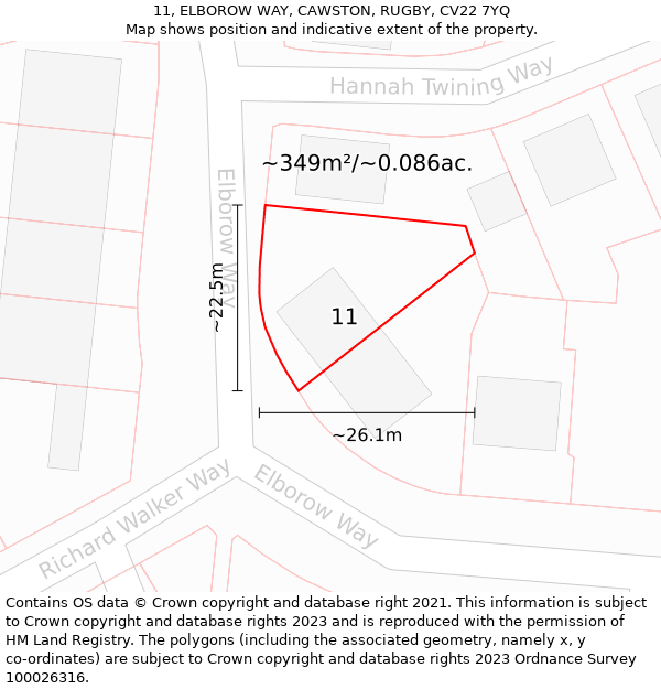 11, ELBOROW WAY, CAWSTON, RUGBY, CV22 7YQ: Plot and title map