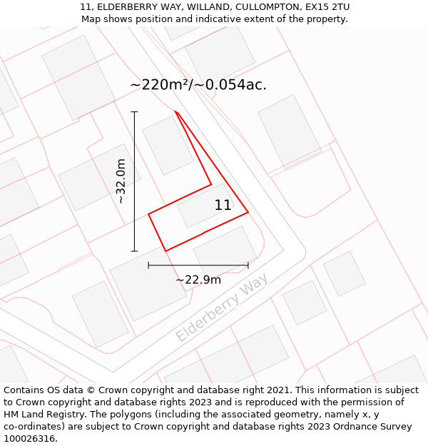 11, ELDERBERRY WAY, WILLAND, CULLOMPTON, EX15 2TU: Plot and title map