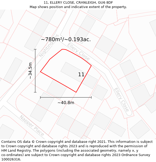 11, ELLERY CLOSE, CRANLEIGH, GU6 8DF: Plot and title map